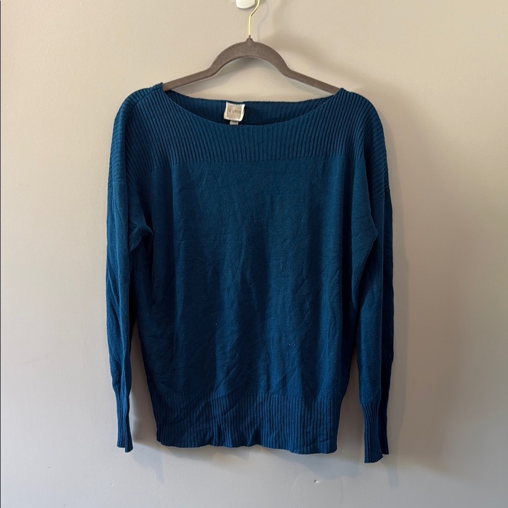 Cupio Blue Boatneck Sweater Ribbed Knit Pullover